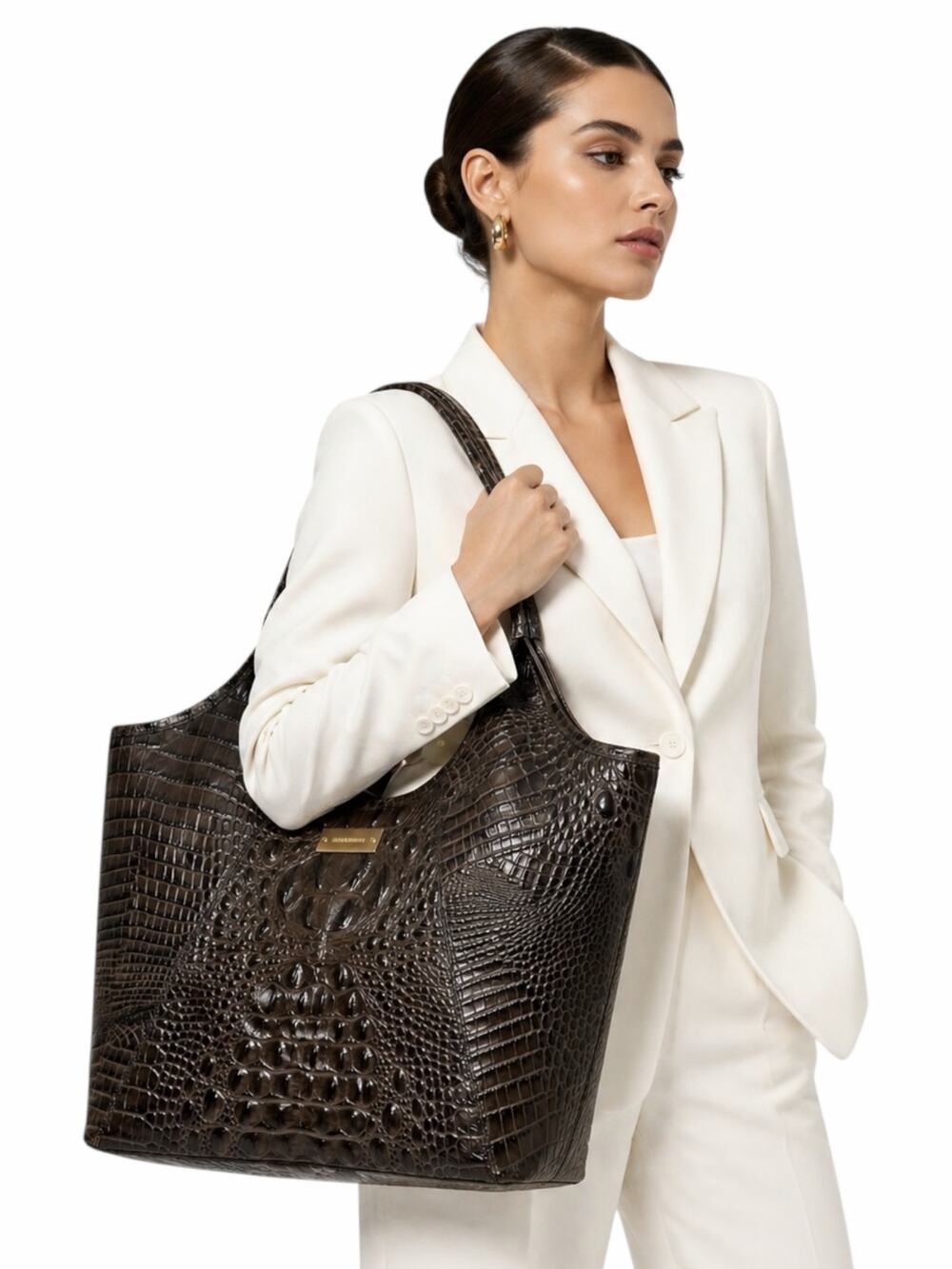 Brahmin Melbourne Shopper Tote Bag Brown Croc Embossed Leather